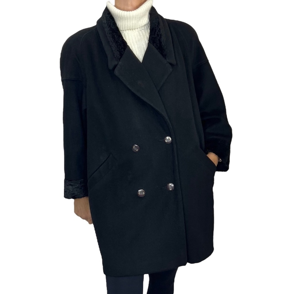 Vintage 70s 80s Luba Paris union made black wool double breasted boxy overcoat